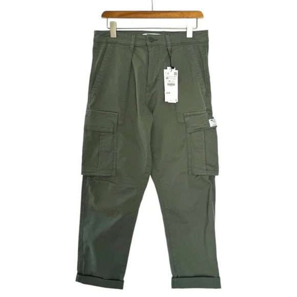 Zara Army Green High Waist Tapered Leg Stretch Cotton Cargo Pants Size 31 - Picture 1 of 12